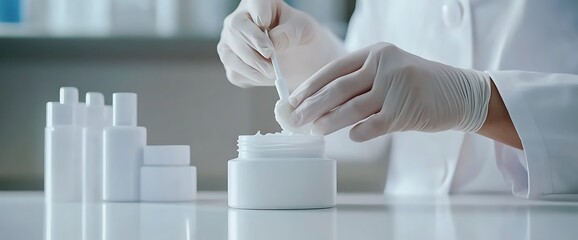 A person in gloves is mixing a cream in a lab setting with various containers.
