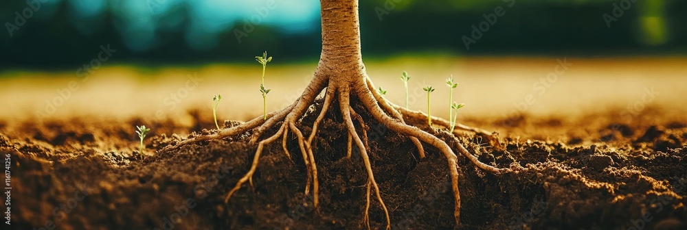 Poster close-up of a tree's roots emerging from the soil with small sprouts around them.
