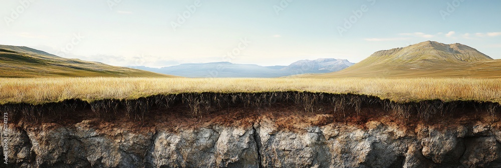 Poster cross-section of grassland revealing soil layers and rocky base against mountain backdrop.