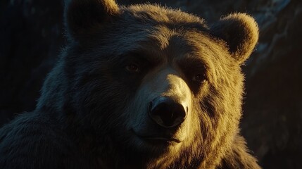 A close-up of a bear's face, showcasing its fur and expression in a natural setting.