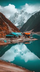 Mountain Lake Houses Reflecting Majestic Peaks