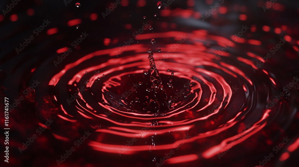 Poster Red liquid drop impacting surface, creating concentric ripples and splashes.