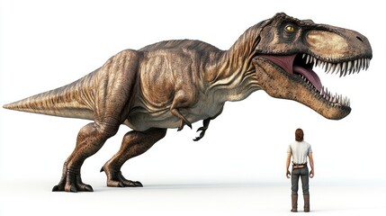 Fototapeta premium A person stands before a large, realistic dinosaur, creating a sense of awe and scale.