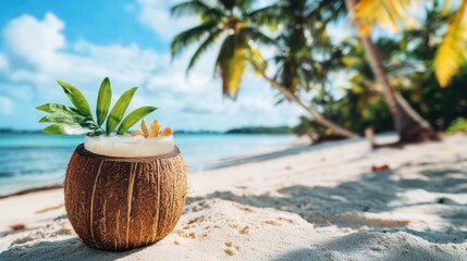 Obraz premium A coconut cup filled with a tropical cocktail, placed on a sandy beach with palm trees in the background.
