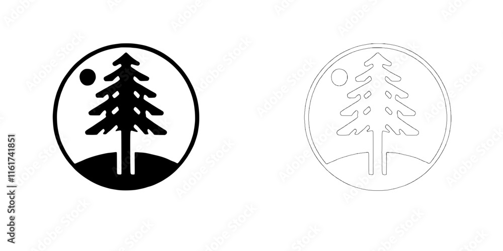Poster nature emblem: pine tree in circle - line art and solid icon