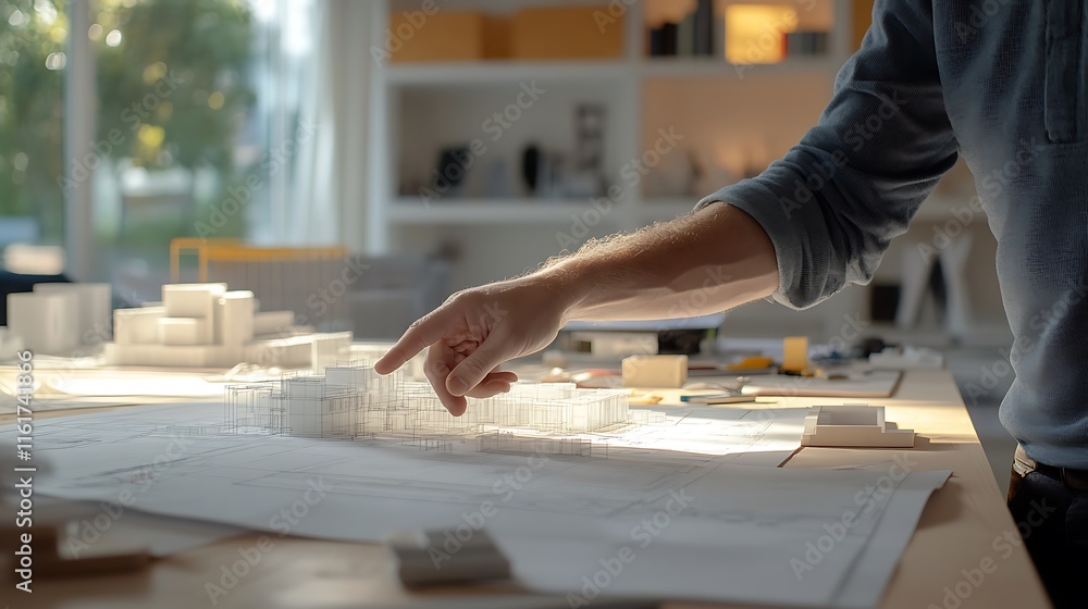Poster a person pointing at architectural models and plans on a workspace.