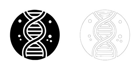 DNA double helix in circle icon, black and white versions 