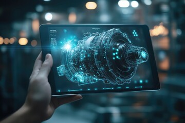 Hand Holding Tablet with Holographic Projection of Mechanical Engine. Digital Twin Technology for Industrial Design and Engineering in Factory