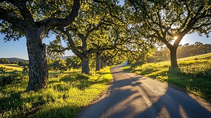 A quaint country road lined with sunlit oak trees casting long shadows.