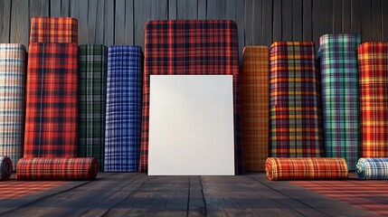 Blank canvas surrounded by rolls of colorful plaid fabric on wooden floor.