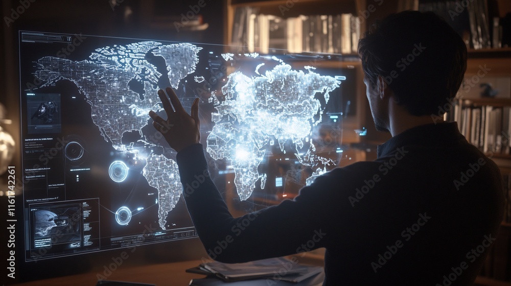 Poster Man interacts with a holographic world map displaying global data and connections on a futuristic interface.