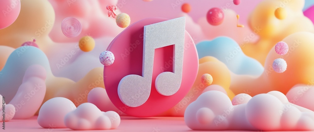 Poster pastel music note icon on pink circle amidst colorful abstract clouds and spheres.