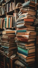 A Stack Of Vintage Books In An Old Bookstore