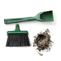 
Green dustpan with bristle, broom sweeper with dirt isolated on white background, top view