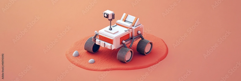 Poster low-poly mars rover on red planet surface.