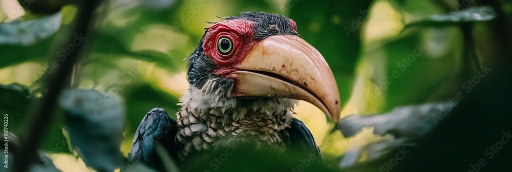Poster close-up of a colorful bird with a large beak, partially hidden in lush green foliage.