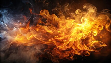 Dense, swirling smoke emanates from a fiery inferno on a dark black background, with warm golden light casting an eerie glow , pyroclastic flow, abstract smoke