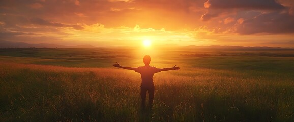 A person stands in a field at sunset, embracing nature and tranquility.