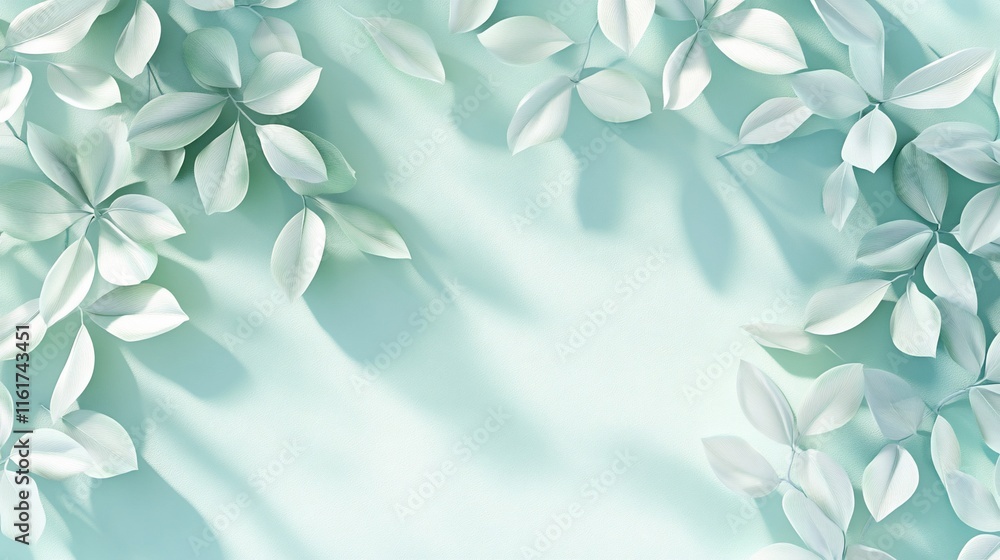 Poster white leaves frame on a light teal background with shadows.