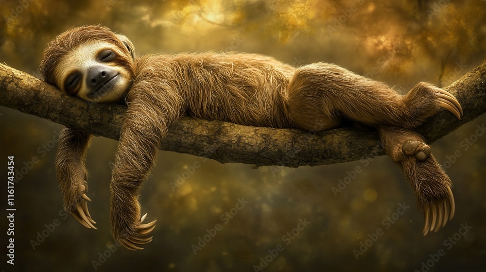 Poster a sloth sleeps peacefully on a tree branch in a lush forest.