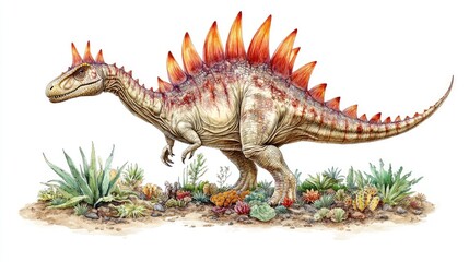 A colorful illustration of a dinosaur with spiked back and vibrant surroundings.