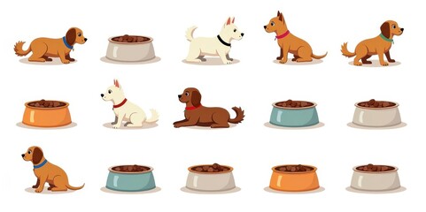 Charming Cartoon Dogs and Dog Bowls Collection - Cute Pet Illustrations for Kids' Decor and Graphic Design