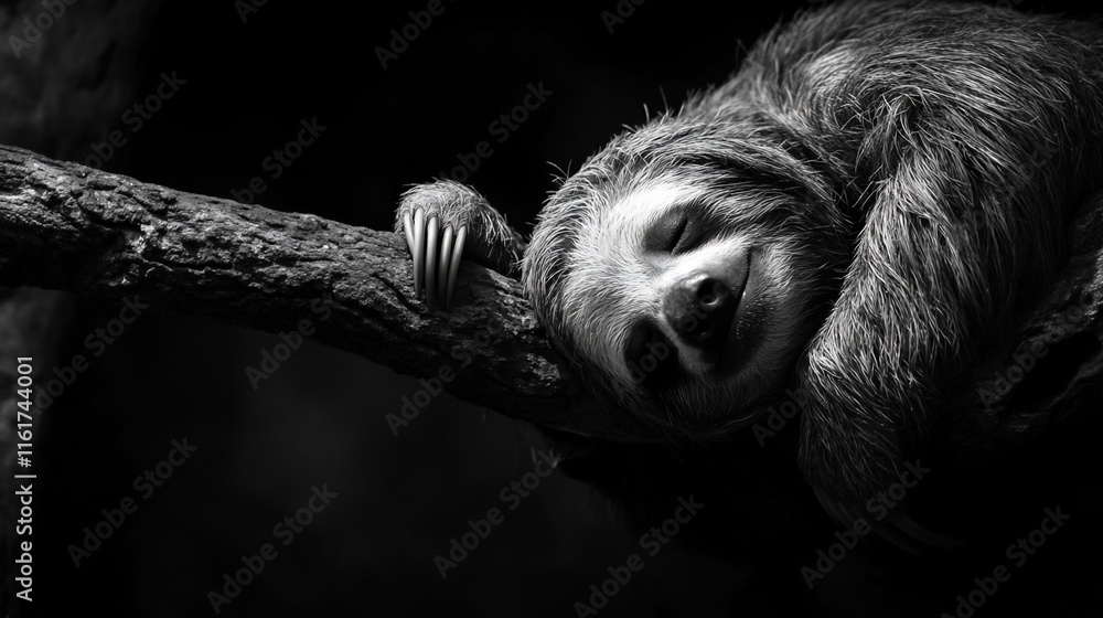Poster a monochrome close-up of a sloth sleeping peacefully on a tree branch.