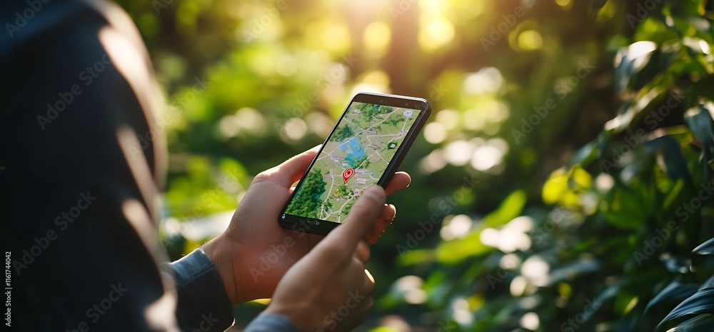 Poster a person using a smartphone to navigate through a lush, green environment.