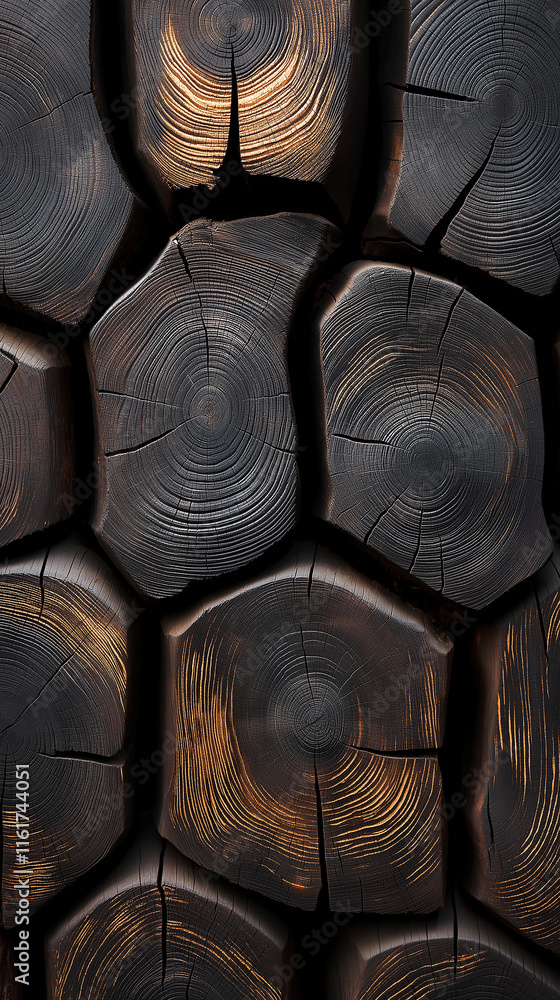 Poster dark wooden logs showing concentric tree rings forming textured background