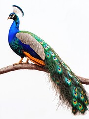 Obraz premium A vibrant peacock perched on a branch, showcasing its colorful plumage against a white background.