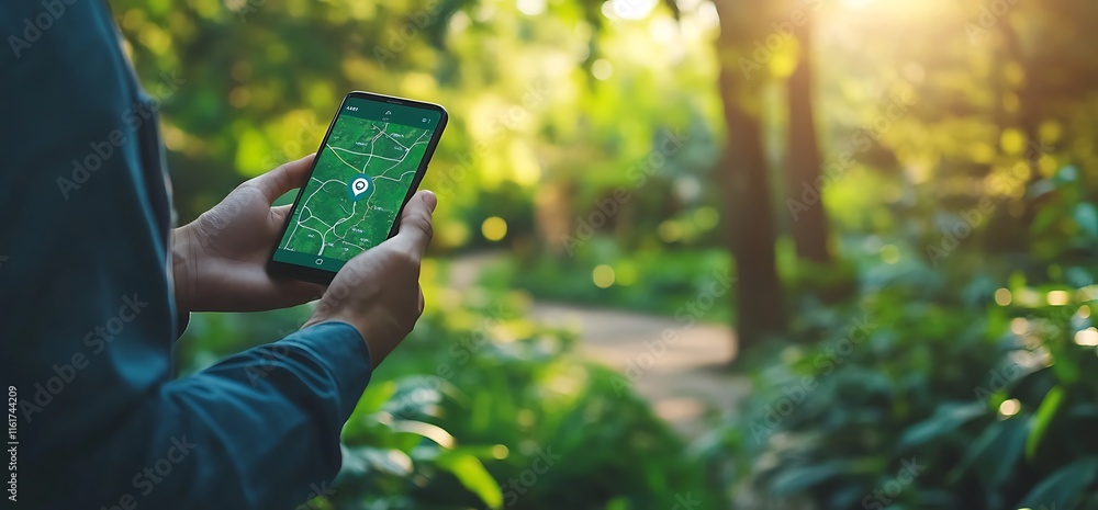 Poster a person using a smartphone with a map in a lush, green park setting.