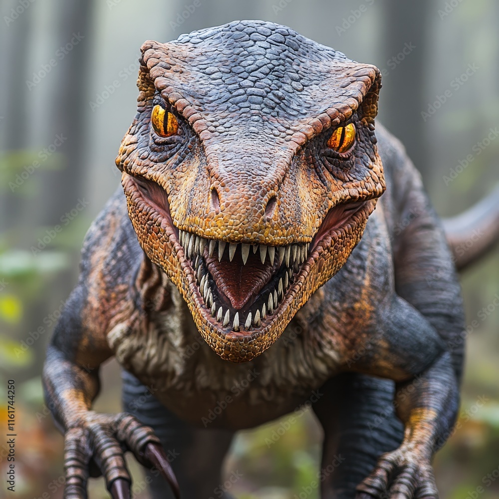 Poster a realistic dinosaur model with sharp teeth and vivid colors in a misty forest setting.