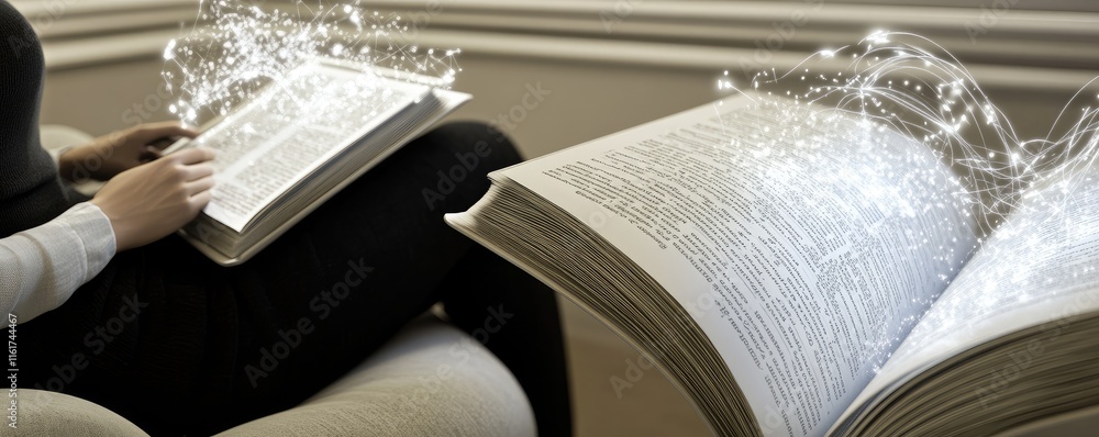 Aufkleber a person reading a book with magical, glowing elements symbolizing imagination and knowledge.