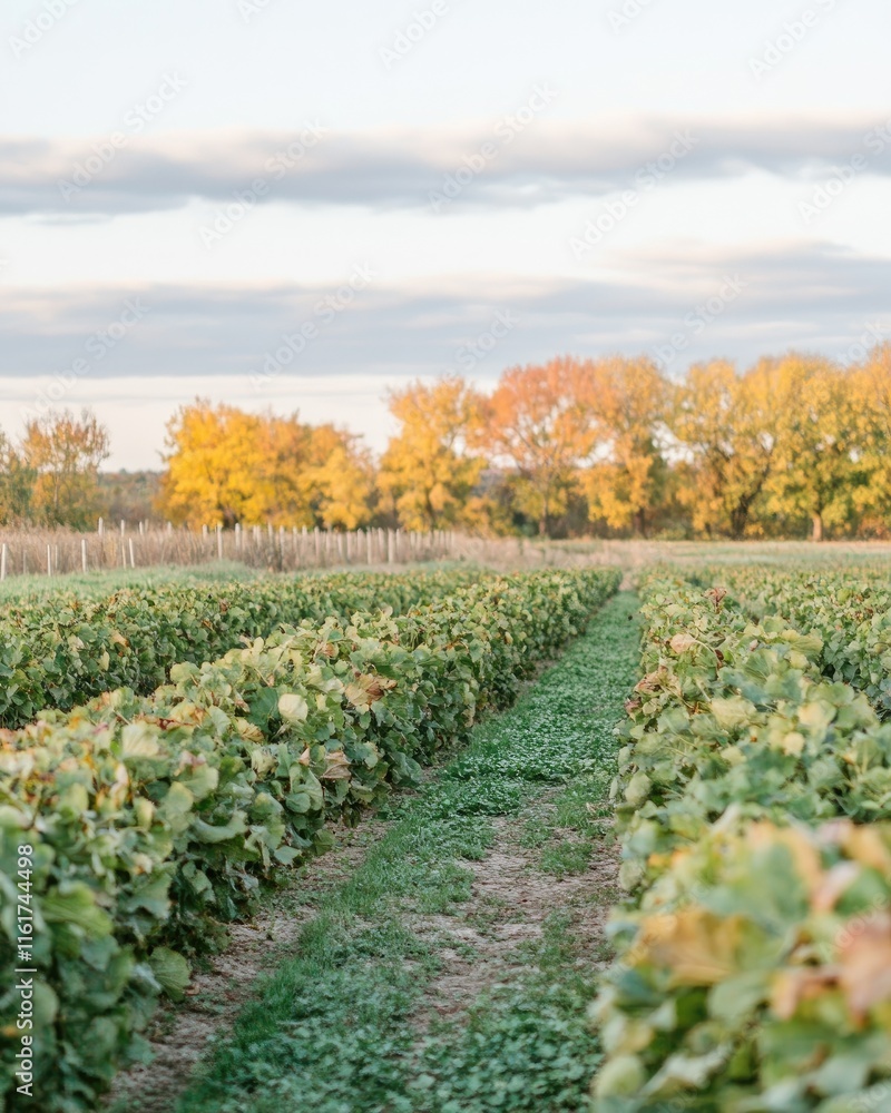 Poster a serene landscape of a farm field with rows of crops and autumn trees in the background.