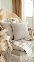 Cozy Armchair Decorated With Neutral Pillows And Blanket