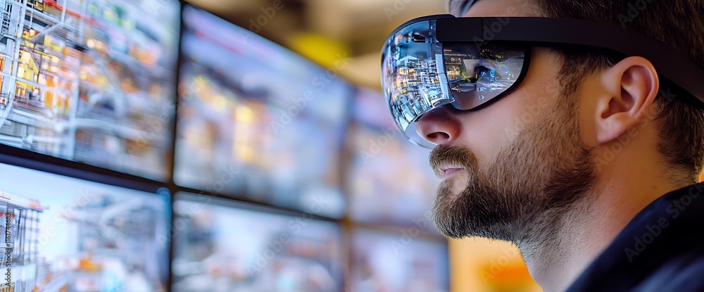 Poster a person using augmented reality glasses to interact with digital displays.
