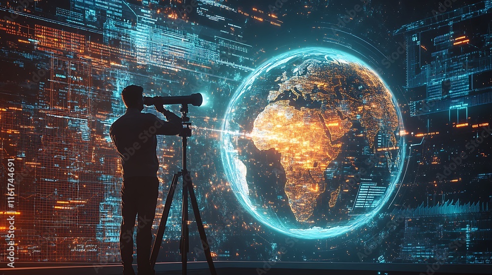 Aufkleber a person using a telescope to observe a glowing digital earth representation.