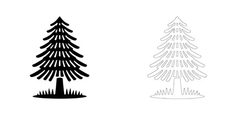 Simple Pine Tree Illustration: A minimalist design featuring two pine trees - one in black and one in outline - representing nature, simplicity, and growth. Perfect for branding, logos, and more.