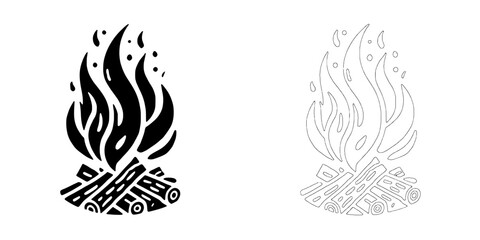 Campfire Night: Black and white minimalist campfire illustrations. Perfect for logos, branding, or design elements. 