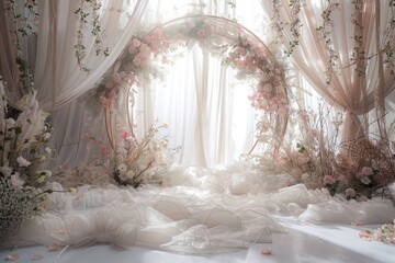 White tulle on large round arch combined with pink flowers presents fairy-tale charm. Soft fabric covering floor and floral garlands on walls in studio setting.