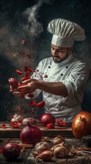 Chef dramatically prepares red onions and tomatoes