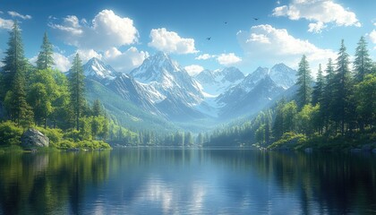 Naklejka premium Serene lake reflects snow-capped mountains, lush green forest flanks calm waters. Ideal for travel, nature, and tranquility themes; evokes peace and adventure.