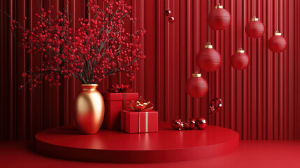 Festive Red Holiday Scene With Gifts And Ornaments