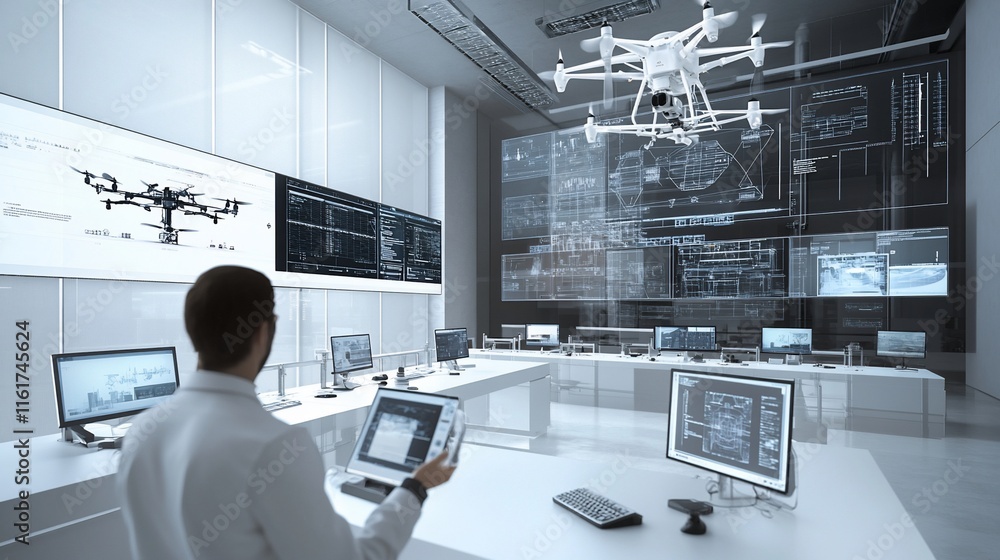 Aufkleber scientist monitoring drone flight in a modern control room with holographic displays.