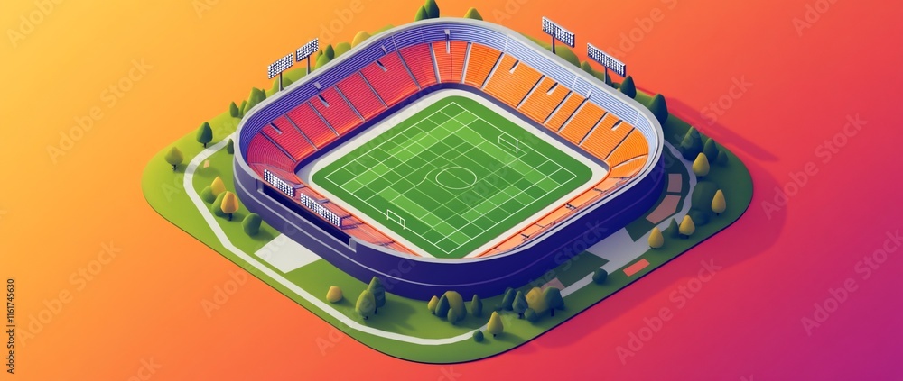 Poster isometric view of a modern stadium with orange seats and green field.