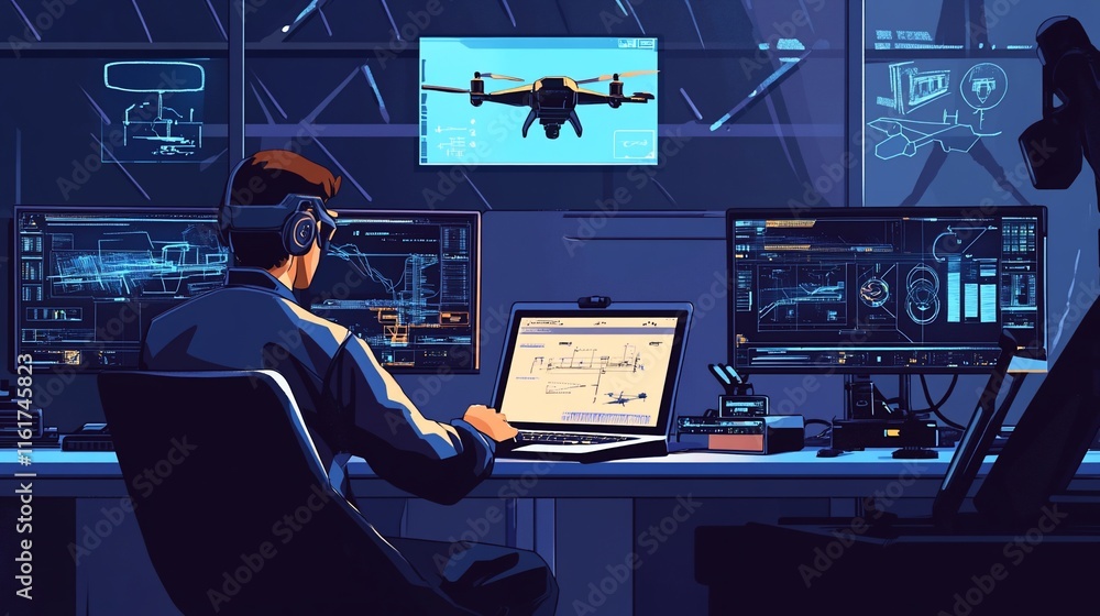 Aufkleber Man in dark room controls drone via laptop and monitors displaying flight data and vehicle schematics.