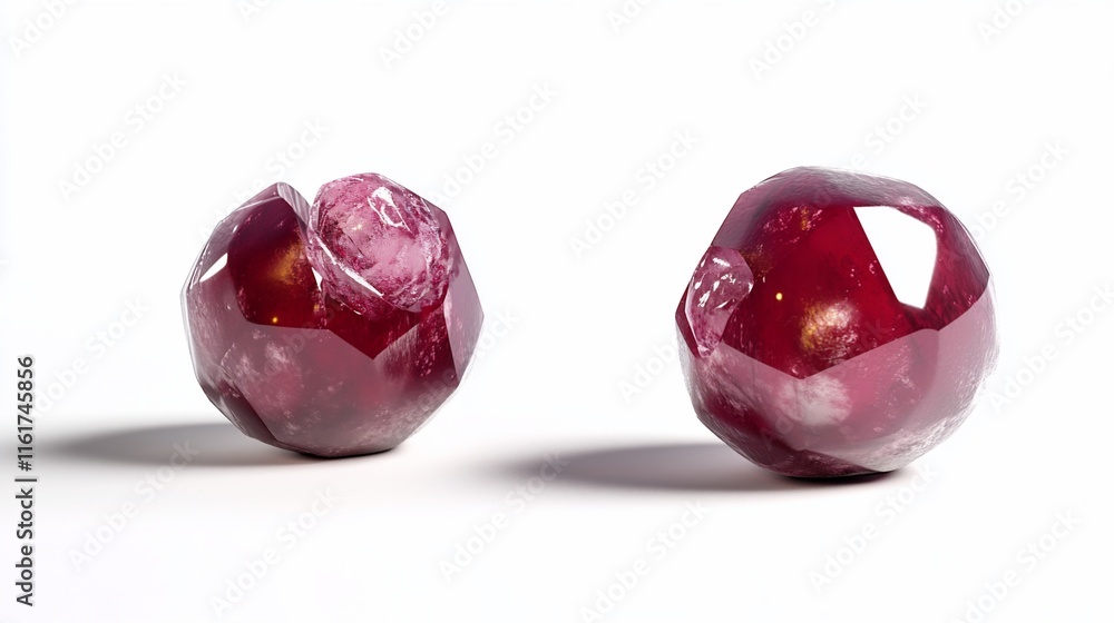 Poster two red gemstone spheres with internal structures, isolated on white background.