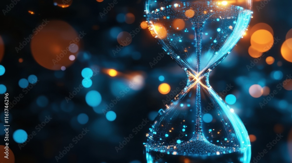 Poster a futuristic concept of an hourglass with luminous particles floating in sync, symbolizing technolog
