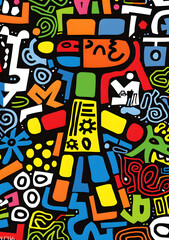 This vibrant abstract art showcases a central geometric figure surrounded by intricate patterns and doodles in a modern and playful style, creating a unique and expressive composition