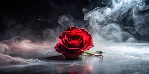 A lone rose petal floats in a misty red smoke swirl against a dark and mysterious black background, evoking feelings of elegance and mystique, romance, luxury